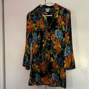 Allison Taylor || Black Floral Long-Sleeve Tunic with Blue and Orange Blooms